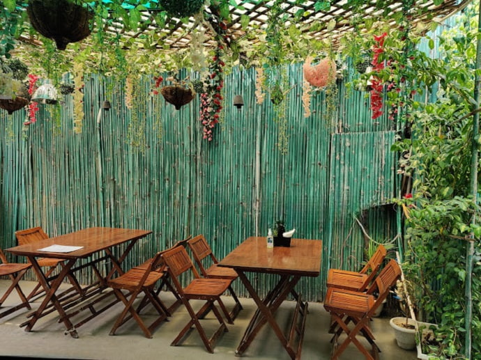 Aesthetic seating areas inside Champa Gali South Delhi