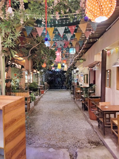 Inside view of Champa Gali cafes and artistic lanes in South Delhi