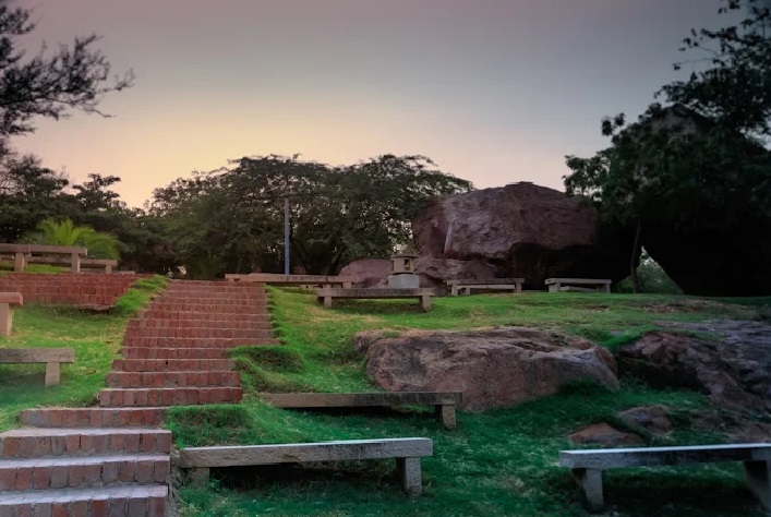 stone benches inside the garden of Five Senses