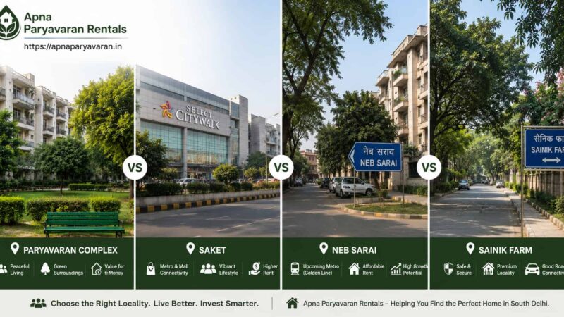 Paryavaran Complex vs Saket vs Neb Sarai vs Sainik Farm